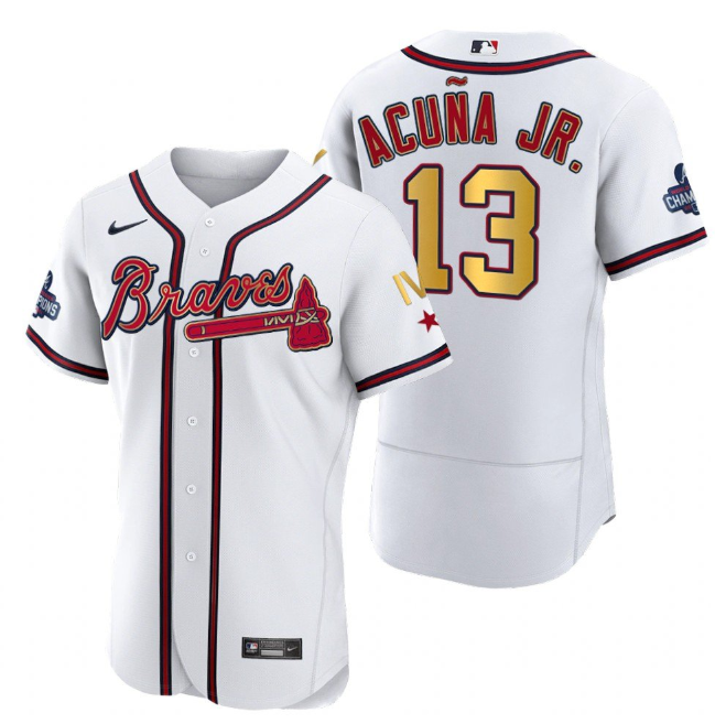Men's Atlanta Braves #13 Ronald Acuña Jr. White Gold World Series Champions Flex Base Stitched Jersey Men's Atlanta Braves #13 Ronald Acuña Jr. White Gold World Series Champions Flex Base Stitched Jersey